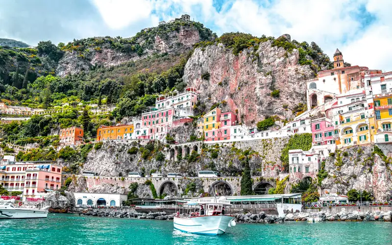 Pastel houses above the sea on the Amalfi Coast