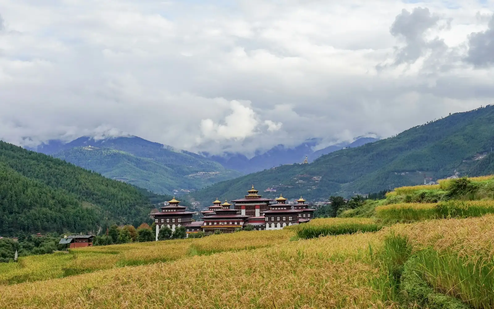 A temple in a green Himalayan valley