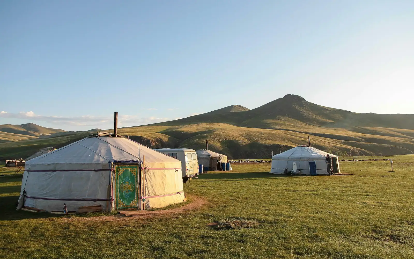 White gers on the green steppe