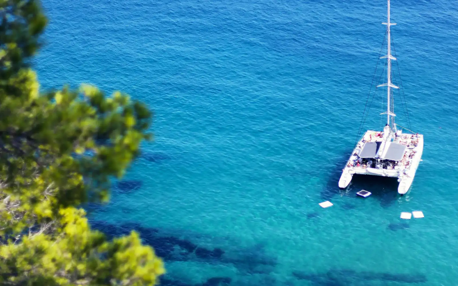 A catamaran in a turquoise cove